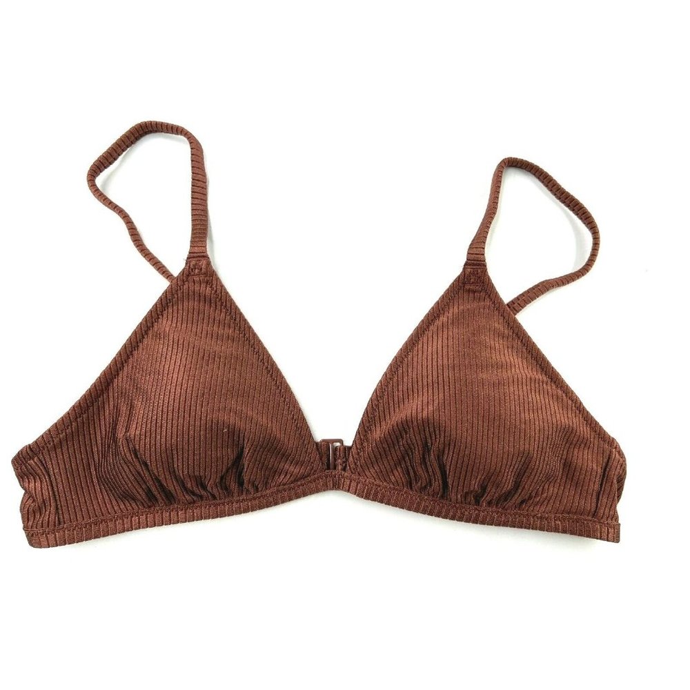 Aerie Bikini Top Womens Small Brown Ribbed Triangle Halter Padded Swim
